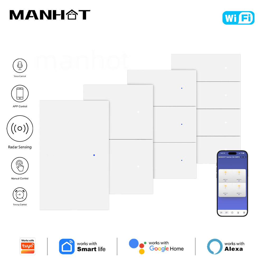 Smart Light Switch Wifi - MANHOT Wi-Fi対応スマートライトスイッチ - 中性線が必要。米国規格。プッシュボタン操作。Tuya、Alexa、Google Homeに対応。